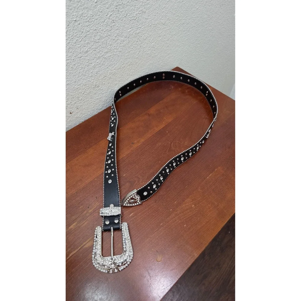 Unbranded Western Rhinestone Cross Belt Black Silver Studded Y2K Large XL 46in